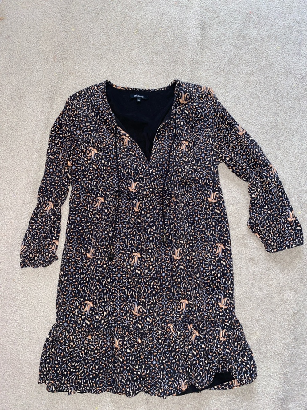 Madewell Black Dress with Tan Print Long Sleeve